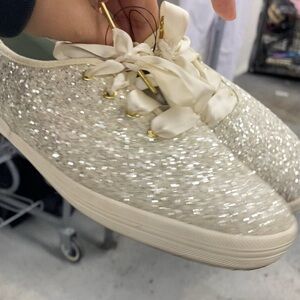 Keds x Kate Spade Women's Glitter Sneakers sz 8 ivory a ribbon Bridal Glam